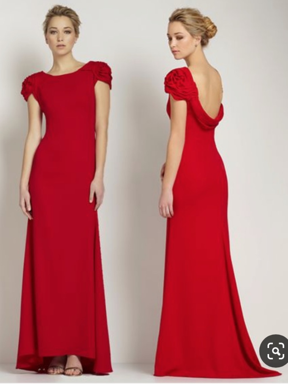 JS Collections Red Crepe Gown with Rosette Sleeves & Cowl Back